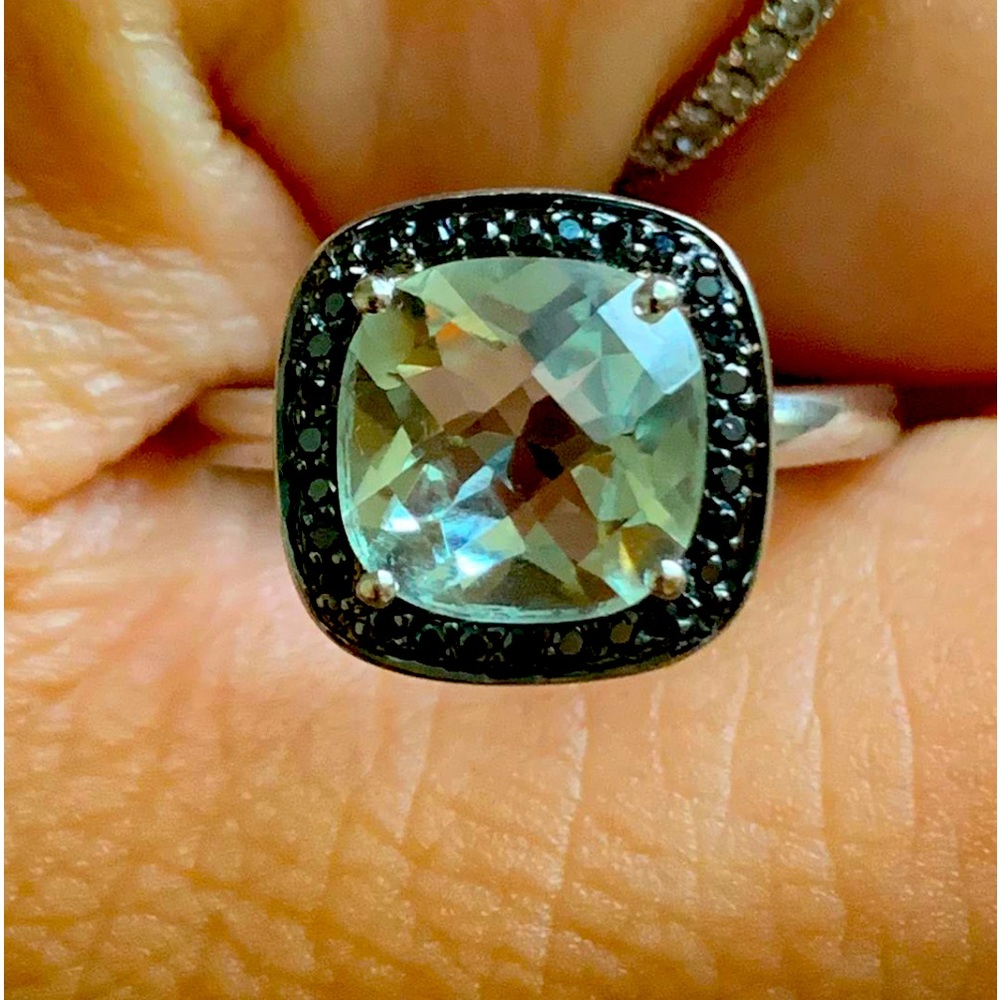 14k gold Green Amethyst/Black Diamond ring